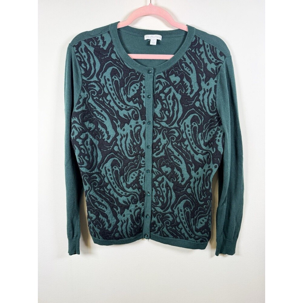New York & Company Womens Green Black Paisley Knit Crew Neck Cardigan - L